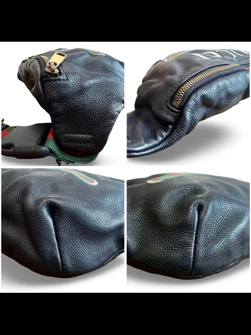 GUCCI Black Leather Logo Web Stripe Belt Bag